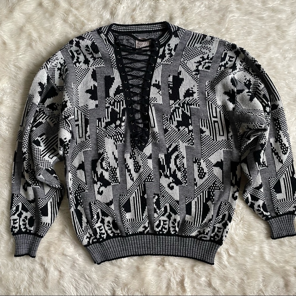 Furst of a Kind Sweater Lace Up Baggy Knit Geo Print Black and White One Size